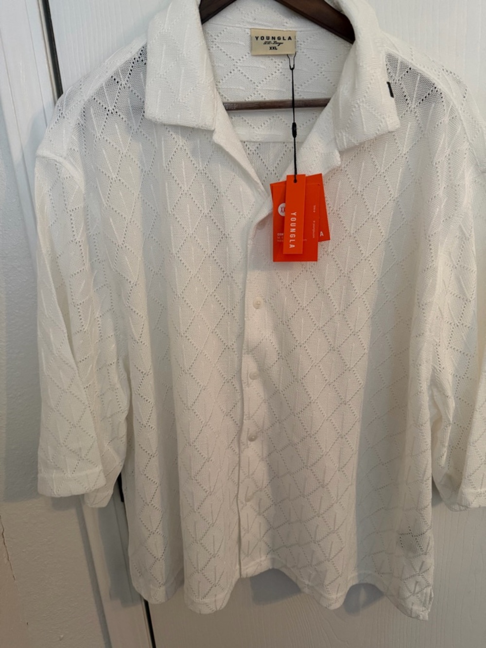 YoungLA White Open-Collar Knit Button-Down Shirt